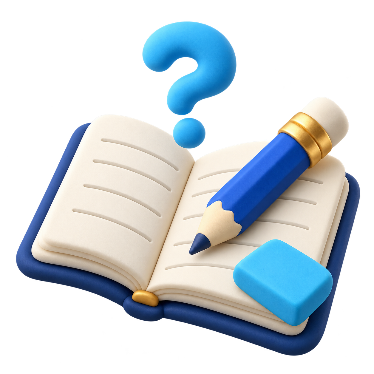 Clay notebook, pencil, and a question mark.
