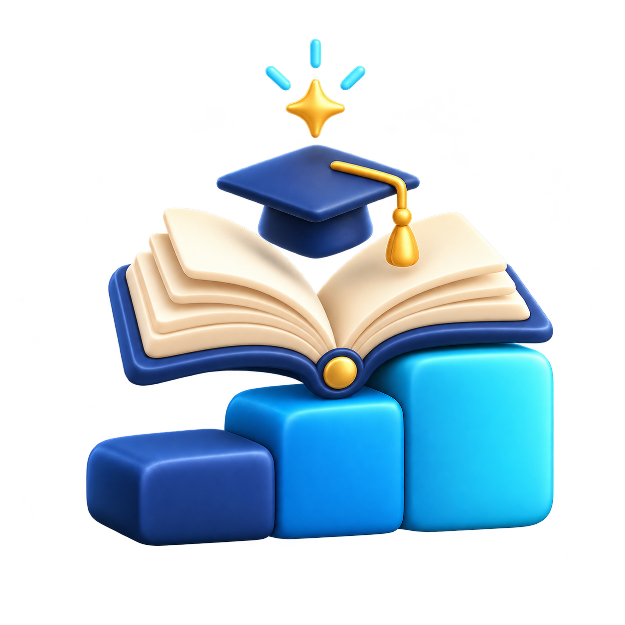 A clay book and graduation cap above steps of different learning levels.